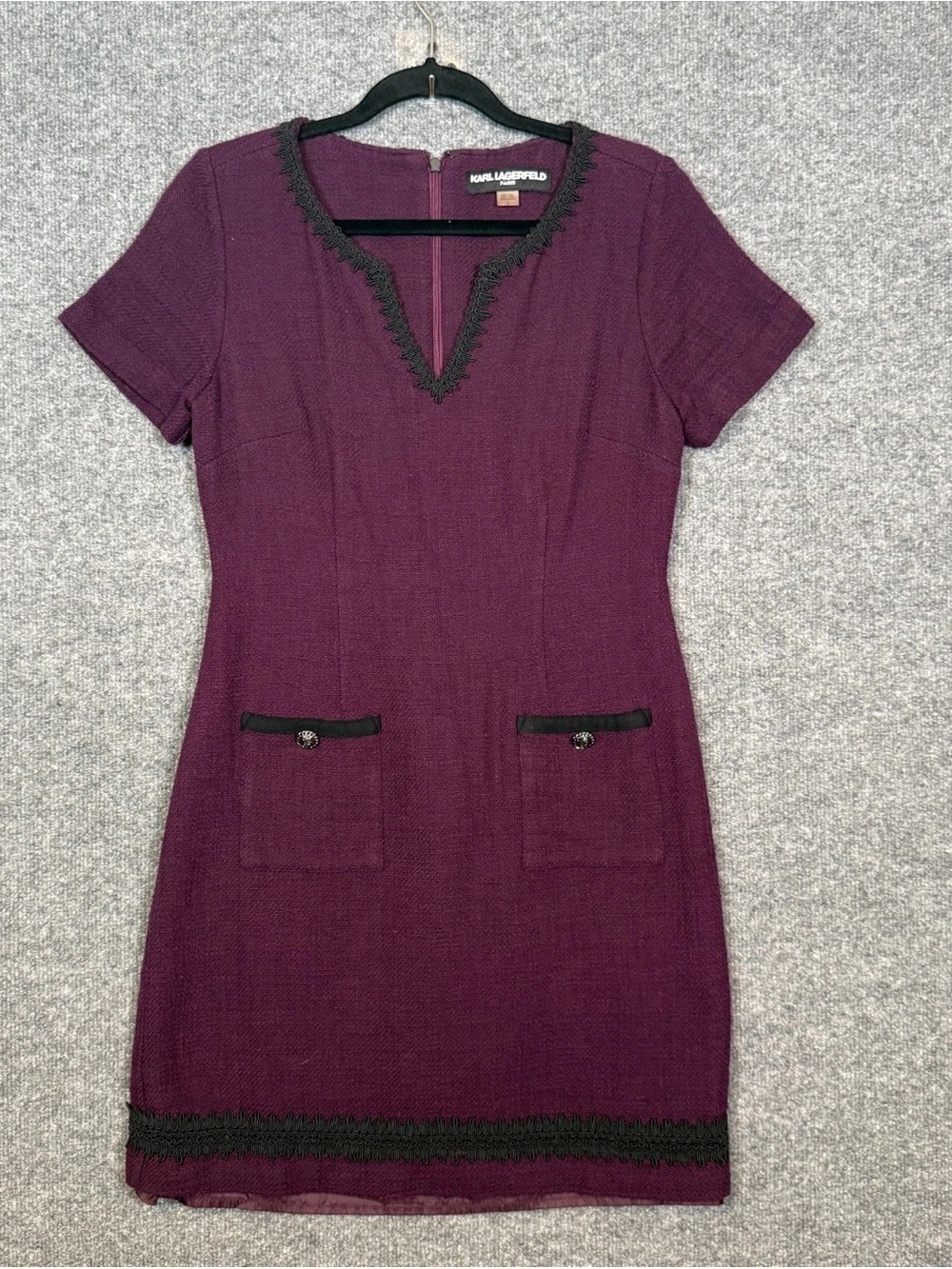 Karl Lagerfeld Plum Tweed Short Sleeve Shift Dress with Black Trim